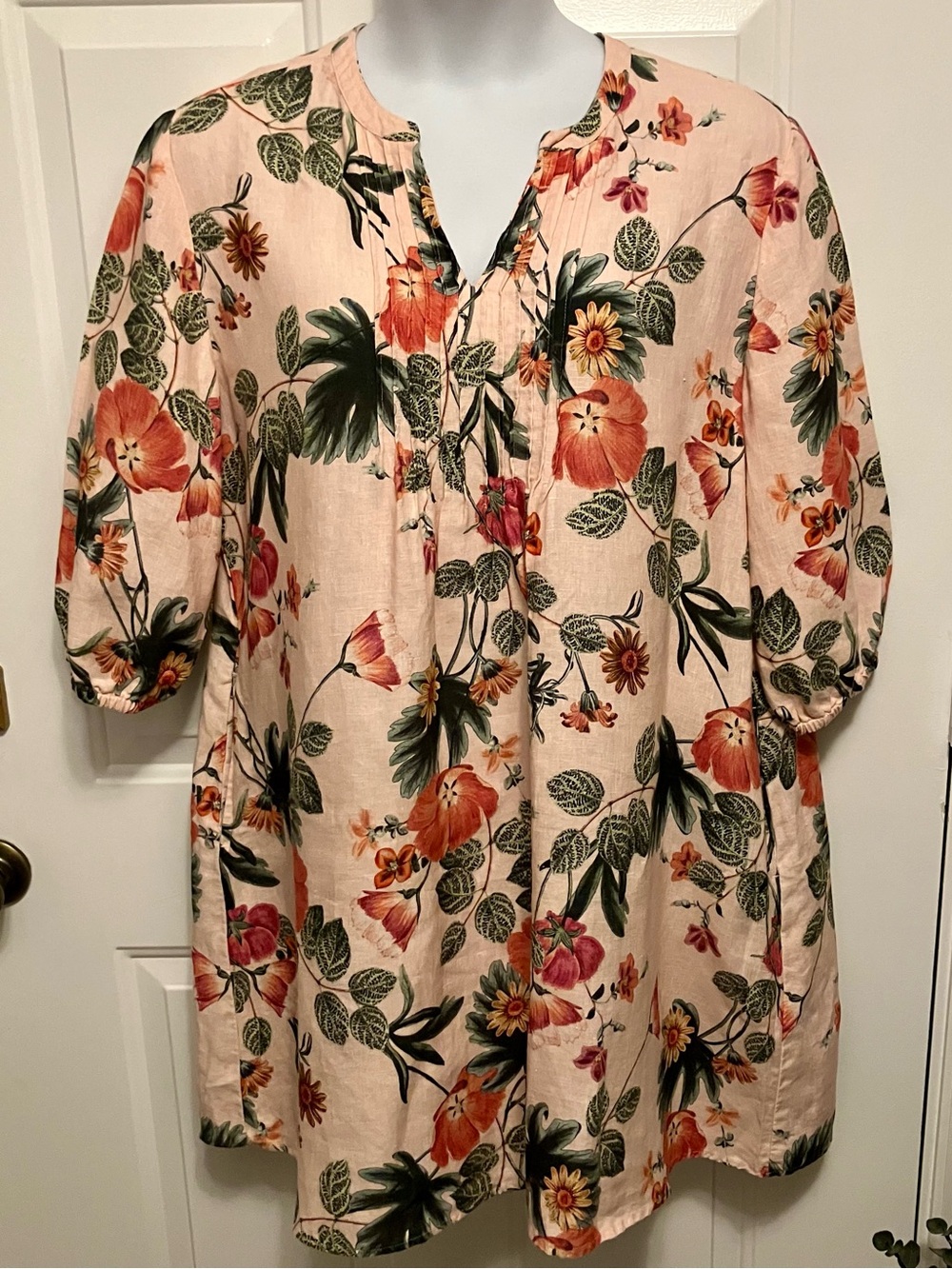 Chico's Size 14 Pink 100% Linen Floral Pleated Tunic Dress